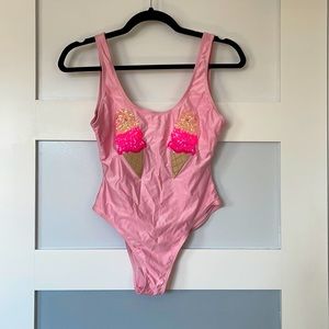 Pink one-piece bathing suit